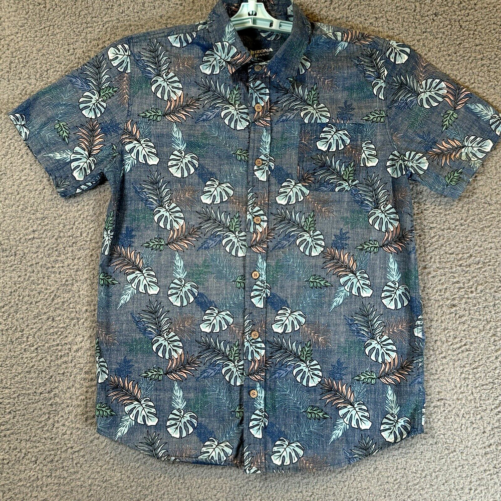 Arizona Jean Co Tropical Leaf Button Up Shirt Blue Summer Large